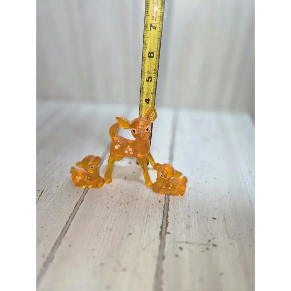 Vintage 1970s Orange Lucite Bambie Momma Deer And 2 Fawns Deer Family Kitschy
